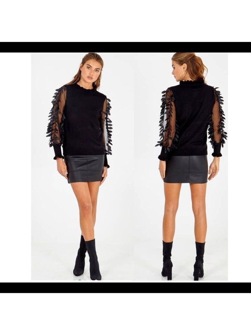 WILD Flower navy Leaf Mesh Sleeves Jumper Sz XS - Picture 3 of 12
